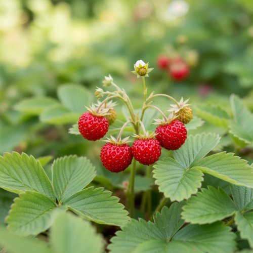 poziomka-ogrodowa-baron-von-rugen-fragaria-vesca-powtarzajaca-owocowanie-czerwone-owoce-niska-sadzonka-sadzonki-zielona-para-zielonapara