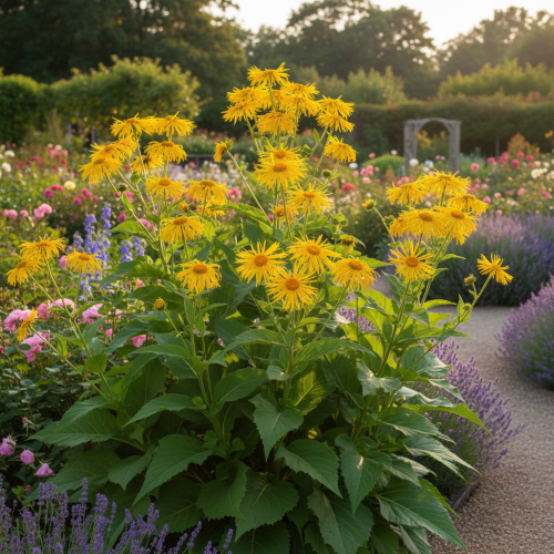 oman-wspanialy-magnificus-inula-magnifica-zolte-kwiaty-duze-liscie-wysoki-150cm-sadzonka-sadzonki-zielona-para-zielonapara