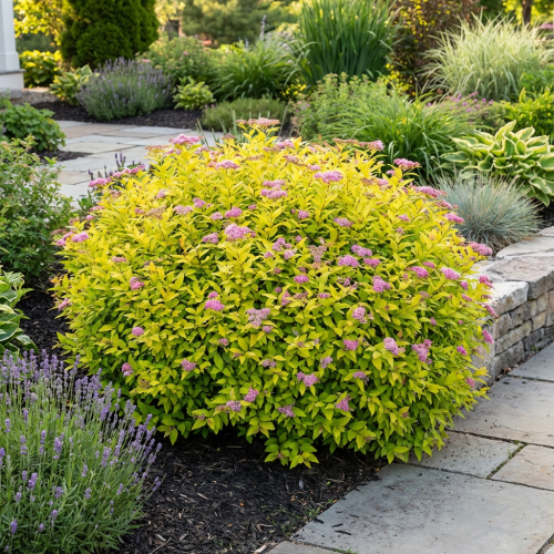 tawula-japonska-spiraea-japonica-golden-princess-zielonapara-sadzonka-duza-zdrowa-zlocisto-zielone-liscie-rozowe-kwiaty