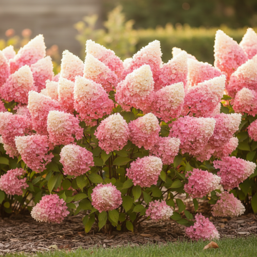 hortensja-bukietowa-sundae-fraise-hydrangea-paniculata-kompaktowa-niska-biale-rozowiejące-wiechy-sadzonka-sadzonki-zielona-para-zielonapara