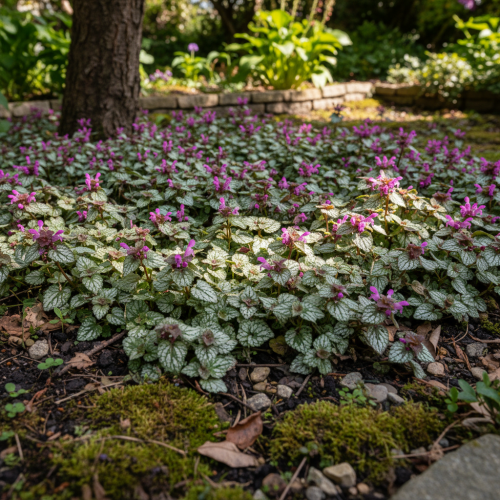 jasnota-plamista-purple-dragon-lamium-maculatum-fioletowe-kwiaty-srebrzyste-liscie-cieniolubna-pokrywowa-bylina-sadzonka-sadzonki-zielona-para-zielonapara