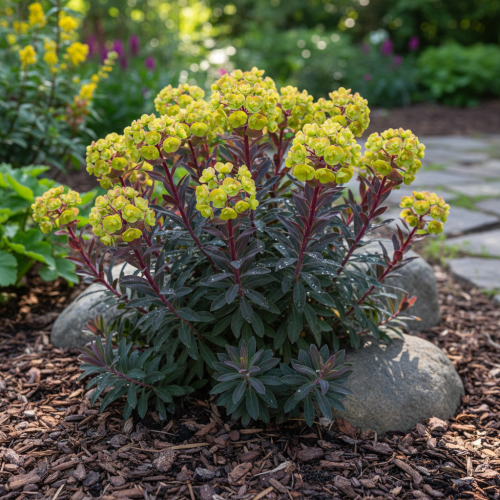 wilczomlecz-migdalolistny-purpurea-euphorbia-amygdaloides-purpurowe-liscie-zielonkawo-zolte-kwiaty-cieniolubna-bylina-sadzonka-sadzonki-zielona-para-zielonapara