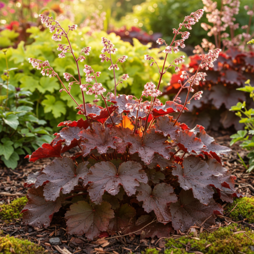 zurawka-fire-chief-heuchera-czerwone-liscie-rozowe-kwiaty-dekoracyjna-bylina-cieniolubna-sadzonka-sadzonki-zielona-para-zielonapara