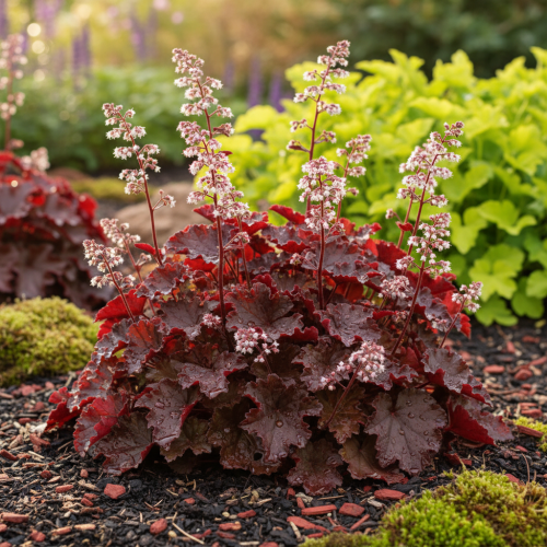 zurawka-fire-chief-heuchera-czerwone-liscie-rozowe-kwiaty-dekoracyjna-bylina-cieniolubna-sadzonka-sadzonki-zielona-para-zielonapara