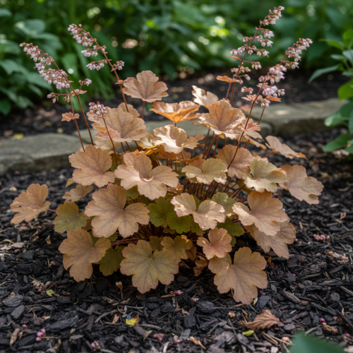 zurawka-brown-sugar-heuchera-brazowe-liscie-rozowe-kwiaty-dekoracyjna-bylina-cieniolubna-sadzonka-sadzonki-zielona-para-zielonapara