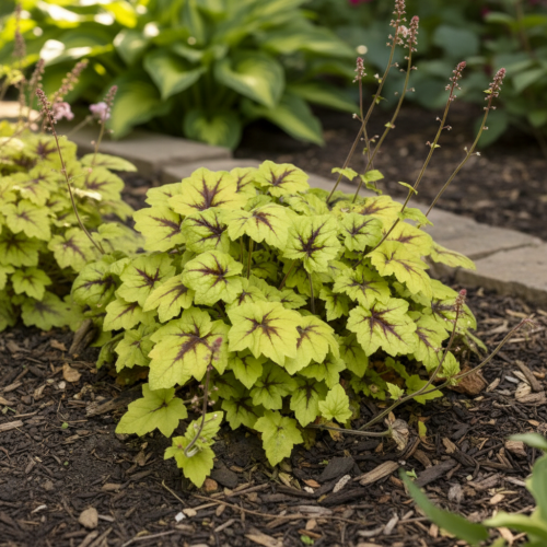 zurawka-catching-fire-heuchera-jaskrawozielone-liscie-czerwone-nerwy-dekoracyjna-bylina-cieniolubna-sadzonka-sadzonki-zielona-para-zielonapara
