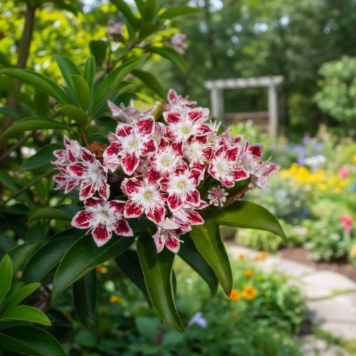kalmia-szerokolistna-galaxy-kalmia-latifolia-różowe-kwiaty-krzew-zimozielony-sadzonka-sadzonki-zielona-para-zielonapara