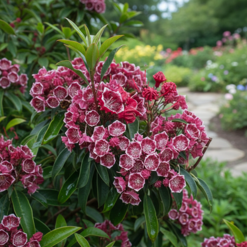 kalmia-szerokolistna-kaleidoskop-kalmia-latifolia-różowe-kwiaty-krzew-zimozielony-sadzonka-sadzonki-zielona-para-zielonapara