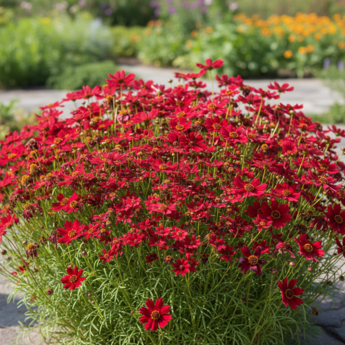nachylek-okolkowy-cherry-pie-coreopsis-verticillata-czerwone-kwiaty-zwarty-pokroj-bylina-na-rabatki-sadzonka-sadzonki-zielona-para-zielonapara